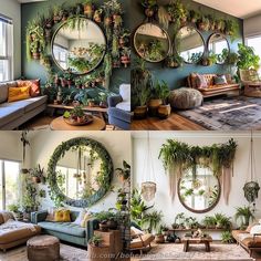 two pictures of living room with plants on the wall and in between them are mirrors