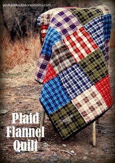 a blanket sitting on top of a chair covered in plaid fabric with the words patchwork quilt