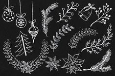 christmas ornaments drawn on a blackboard with white chalk and marker pens, including pine cones, holly leaves, mistlet branches, ornames