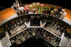 an overhead view of many bottles and glasses