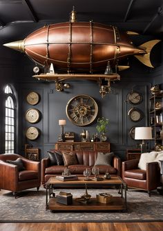 a living room filled with furniture and lots of clocks