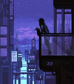 a man sitting on top of a window sill in front of a city skyline