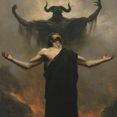 a painting of a man standing in front of a demon with his arms spread out