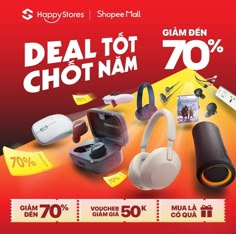 an advertisement for headphones and other items on sale in french language, with the words deal to chot nam 70 %