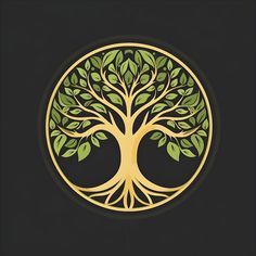 a golden tree with green leaves in a circle on a black background is the symbol of nature