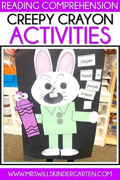 a poster with the words creepy crayon activities and an image of a bunny holding a