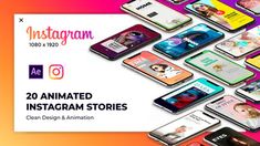 the animated instagram stories are displayed in different colors and sizes, with an image of people