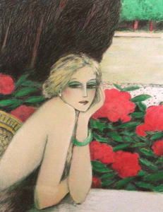 a drawing of a woman sitting in front of red flowers with her hand on her face