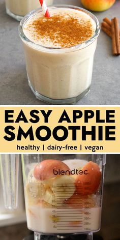 an apple smoothie in a blender with cinnamon on top and the words, easy apple smoothie healthy i dairy - free vegan