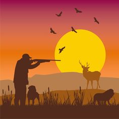 Puesta De Sol De Caza Hunter Drawing, Hunter Painting, Tree Silhouette Sunset, Hunting Backgrounds, Hunting Logo, Parking Spot Painting, Hunting Birthday, Hunter Games