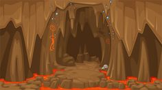 an illustration of a cave with lava and rocks on the ground, as if it were in a video game