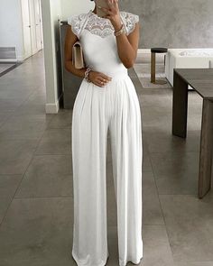 Style:RomanticType:StraightMaterial:LaceNeckline:Round NeckSleeve Style:Short SleeveLength:LongPattern Type:PlainDecoration:Lace-upFit Type:RegularWith Belt:NoOccasion:Casual,Going Out,Daily,PartyPackage Include:1*Jumpsuit S: bust:31.5(inch); top length:55.5(inch); top waist:26.0(inch); M: bust:33.1(inch); top length:55.9(inch); top waist:27.6(inch); L: bust:34.6(inch); top length:56.3(inch); top waist:29.1(inch); XL: bust:36.2(inch); top length:56.7(inch); top waist:30.7(inch); Black Strapless Jumpsuit, Wide Leg Lounge Pants, Solid Jumpsuit, Wide Leg Romper, Solid Color Jumpsuits, Off Shoulder Jumpsuit, Elegant Embroidery, Jumpsuit Elegant, Lace Jumpsuit