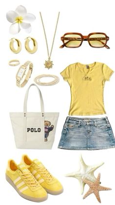 Cute Yellow Tops Summer Outfits, Beach Fits 2024, Hawaii Style Outfit, Summer Hawaii Outfits, Yellow Beach Outfit, Yellow Aesthetic Outfits, Cute Hawaii Outfits, Outfits For Hawaii, Hawaii Clothes