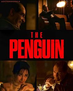 the penguin movie poster with two men and one woman sitting at a table in front of them