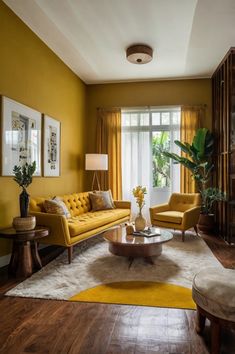 a living room filled with furniture and yellow walls