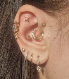 a close up of a person with ear piercings on their ears and nose rings