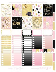 the happy new year planner stickers are shown in pink, gold and black colors