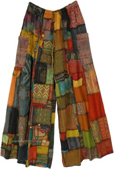 Revel in pure hippie bohemian aesthetic in these handmade patchwork wide leg pants! Made with soft and breathable organic cotton, these pants feature an orange overdye color scheme with unique patchwork designs that are sure to turn heads.  The wide legs offer a flowy and comfortable fit, perfect for bohemian and hippie-inspired styles. #tlb #SplitSkirtsPants #Patchwork #Striped #HippiePants Orange Clothing, Patchwork Pants, Bohemian Pants, Hippie Pants, Earthy Outfits, Hippie Look, Estilo Hippie, Hippie Style Clothing, Bohemian Aesthetic