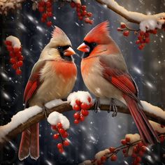 two birds are sitting on a branch in the snow with berries all around them and one bird has its beaks open