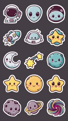 various stickers with space related items on them