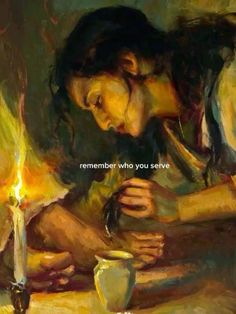 a painting of a woman sitting in front of a lit candle