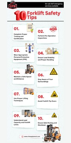 the top ten forklift safety tips info sheet for construction workers and their equipment, including fork