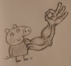 a pencil drawing of a pig and a hand holding something in it's air