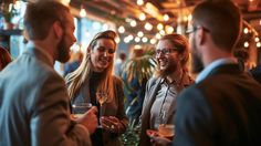 two women and one man are talking to each other while holding wine glasses in their hands