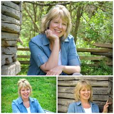 four photos of women smiling and posing for the camera, with trees in the background