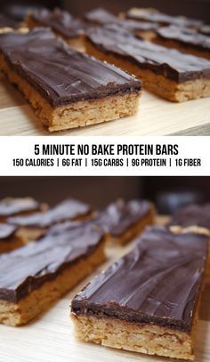 chocolate and peanut butter protein bars are stacked on top of each other, with the same amount