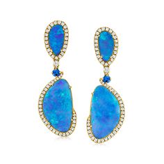 Ross-Simons - Black Opal Drop Earrings, .73ct t. w. Diamonds, .20ct t. w. Sapphires. Absolutely enthralling. Make an unforgettable entrance at your next special event wearing this truly spectacular pair of drop earrings, featuring 18.5x11.5mm and 10.5x5.5mm black opal slices edged in .73 ct. t. w. round brilliant-cut diamonds. Finely crafted in polished 18kt yellow gold with .20 ct. t. w. round sapphires set in between, which amplify this expressive blue palette. Hanging length is 1 1/4". Post/c Black Opal Jewelry, Cushion Earrings, Blue Opal Earrings, Opal Drop Earrings, Opal Birthstone, Jewelry Design Drawing, Blue Palette, Round Sapphire, Sparkly Jewelry