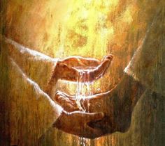 two hands holding each other with water coming out of the palm and sunlight shining down on them