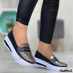 Olivia Mark - Casual Leather Work Shoes, Round Toe, Low-Cut, Solid Color, Stylish Buckle Decoration Casual Wedges, Floral Sneakers, Wedge Loafers, Summer Sneakers, Wedges Style, Support Design, Office Shoes, Casual Loafers, Womens Designer Fashion