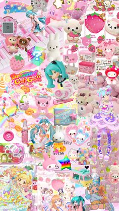 a collage of various stickers and pictures with teddy bears, cats, dolls