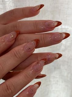 Burnt Orange Nail Design, Soft Orange Nails Design, Fall Almost Nails, Colored Nail Ideas, Almond October Nails, Simple Almond Fall Nails, Orange Nails October, Fallish Nail Ideas, Simple Fall Nail Designs Short Nails