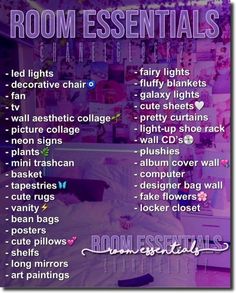 the room essentials list is shown in purple and pink colors, including bed sheets, pillows