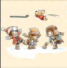 three children are playing in the snow while one boy is holding a toy and another girl is wearing a santa hat