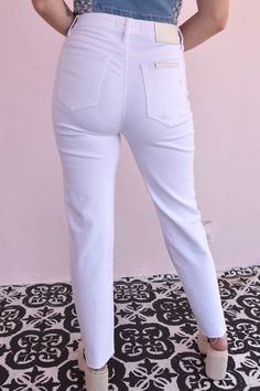 Hidden Denim Brand Stretchy White, thicker material so not see through RISE 11" | 29" INSEAM in size 3/26 HIGH RISE STRAIGHT FIT: Stretchy but runs a little on the smaller side, model is a size 2-4, wearing a 5 White Stretch Jeans For Everyday, White High Rise Bottoms For Everyday, White High-rise Bottoms For Everyday, White Stretch Jeans For Spring, Spring White Stretch Jeans, White Stretch Mid-rise Jeans, White High Rise Jeans For Fall, White Five-pocket Jeans For Everyday, White Jeans For Everyday Wear