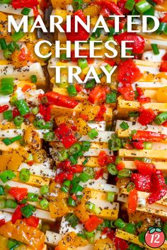 the cover of marinated cheese tray is shown with peppers and other vegetables on it