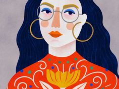 a painting of a woman wearing glasses and a red shirt with flowers on it's chest