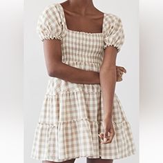 Peixoto Coco Dress A Charming Mini Dress With A Fit-And-Flare Silhouette, Accented With Muted Gingham Patterning. Square Neckline Short Puff Sleeves With Elastic Cuffs Smocked Elastic Bodice Tiered Seams And Ruffle Edge Check Pattern. Poc Cottagecore, Platform Slides, Gingham Dress, Swimsuit Cover Ups, Check Pattern, Square Neckline, Puff Sleeves, Fit And Flare, Gingham