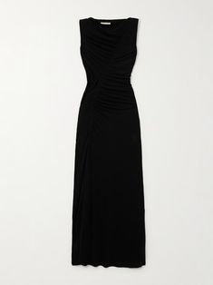 ULLA JOHNSON Natalia Lyocell-jersey maxi dress | NET-A-PORTER Elegant Dresses Black Long, Pre-draped Asymmetrical Neckline Ruched Maxi Dress, Ruched Maxi Dress With Asymmetrical Neckline, Asymmetrical Neckline Ruched Maxi Dress, Fitted Pre-draped Ruched Maxi Dress, Pre-draped Fitted Dress With Ruched Sides, Fitted Dress With Ruched Sides And Pre-draped Style, Black Maxi Dress With Ruched Asymmetrical Neckline, Elegant Black Asymmetrical Ruched Dress