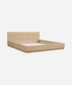 a wooden bed frame with two drawers on the bottom and one drawer open to reveal a mattress