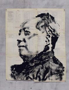 a black and white drawing of a man's face on top of an old newspaper