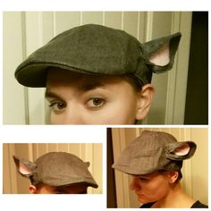 the woman is wearing a hat with ears on it's side and two pictures of her face