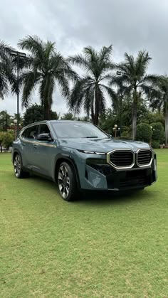 the bmw concept suv is parked in front of some palm trees and green grass on a cloudy day