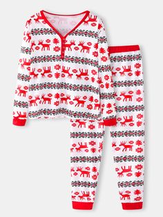 Women Christmas Cartoon Print V-Neck Pullover Elastic Waist Loose Pants Home Casual Pajama Set Christmas Cartoon, Christmas Cartoons, Women Christmas, Pantalon Large, Loose Pants, Pajama Set Women, Ethnic Style, Neck Pattern, Christmas Women