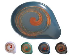 four different colored glass bowls with swirl designs on the bottom and one has an orange center