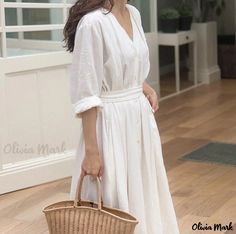 OliviaMark - Elegant V-Neck Tie Waist High-Waisted Solid Color Dress with a Retro Touch Long Dresses Elegant, Spring Dresses Women, White Linen Dresses, Cotton Long Dress, Cotton Linen Dresses, Long White Dress, Plus Size Vintage, Womens Vintage Dresses, Vestidos Vintage