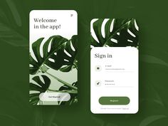 a green and white phone screen with the words welcome in the app on it, next to an image of a monster plant